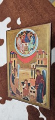 ICOANA SFANTA FAMILIE , LITOGRAFIE PE LEMN . 29 X 19 CM .