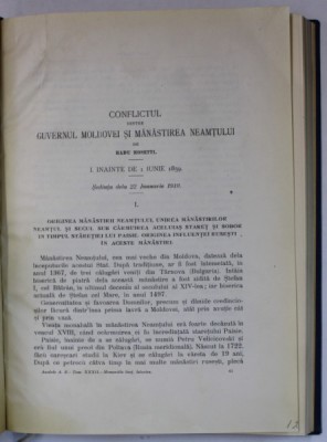CONFLICTUL DINTRE GUVERNUL MOLDOVEI SI MANASTIREA NEAMTULUI de RADU ROSETTI, VOL I-II 1910 , COLIGAT foto