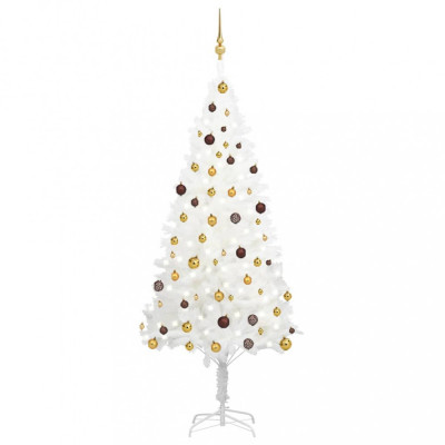 Set brad de Crăciun artficial cu LED-uri/globuri, alb, 210 cm foto