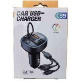 Incarcator auto USB cu LED RGB, 7 culori, Port 3 in 1, Incarcare rapida de 15 W, Model C39