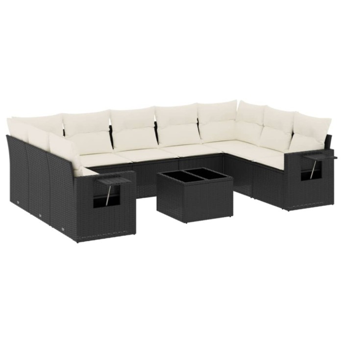 Set canapele de gradina cu perne, 10 piese, negru, poliratan