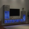 Unități TV de perete cu LED-uri 4 piese gri beton lemn compozit