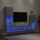 Unități TV de perete cu LED-uri 4 piese gri beton lemn compozit