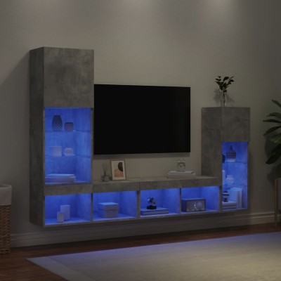 Unități TV de perete cu LED-uri 4 piese gri beton lemn compozit foto