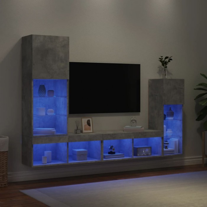 Unități TV de perete cu LED-uri 4 piese gri beton lemn compozit
