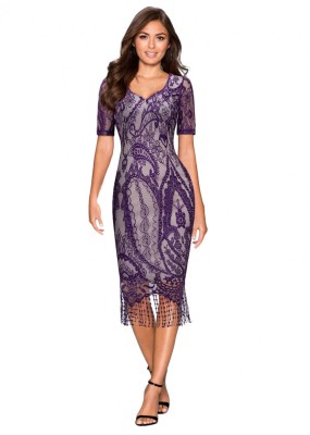 V832-11 Rochie eleganta din dantela accesorizata cu franjuri foto