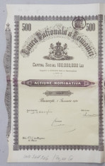 BANCA NATIONALA A ROMANIEI - ACTIUNE NOMINATIVA IN VALOARE DE 500 DE LEI , EMISA LA 1 IANUARIE 1926 foto