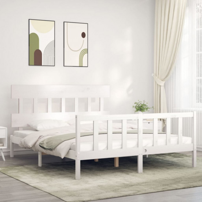 vidaXL Cadru de pat cu tăblie, alb, king size, lemn masiv