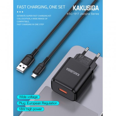 Incarcator Retea KAKUSIGA KSC - 917, QC 3.0 18W + Cablu de incarcare Micro USB, Negru Blister foto