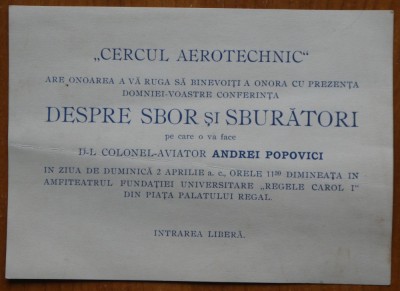 Invitatie la conferinta Cercul Aerotehnic; Despre sbor si sburatori, Col. aviator Andrei Popovici, interbelica foto