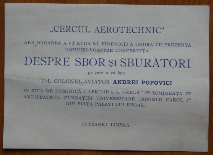 Invitatie la conferinta Cercul Aerotehnic; Despre sbor si sburatori, Col. aviator Andrei Popovici, interbelica