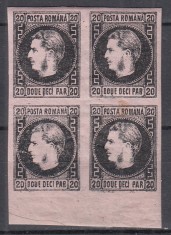 ROMANIA 1867 LP 20 c REGELE CAROL I CU FAVORITI 20 PARALE HARTIE SUBTIRE NEGRU/HARTIE ROZ BLOC DE 4 TIMBRE GUMA ORIGINALA SARNIERA
