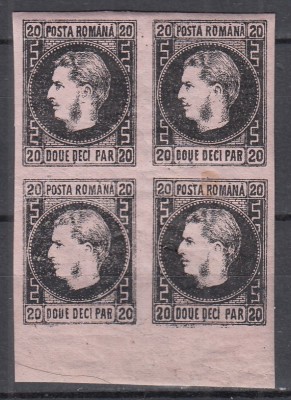 ROMANIA 1867 LP 20 c REGELE CAROL I CU FAVORITI 20 PARALE HARTIE SUBTIRE NEGRU/HARTIE ROZ BLOC DE 4 TIMBRE GUMA ORIGINALA SARNIERA foto