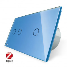 Intrerupator dublu + simplu cu touch Livolo din sticla, Protocol ZigBee, Control de pe telefon, Albastru, VL-C702Z/C701Z-19 foto