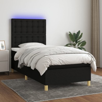 vidaXL Pat cu arcuri, saltea și LED, negru, 90x190 cm, textil 3135719 foto