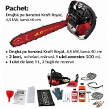 Pachet: Drujba pe benzina Kraft Royal, 4.5 kW, lama 40 cm + 2 Lant, Ochelari, Manusi, 1 ulei amestec 500 ml, 1 ulei de lant 1 l, 2 bujii de rezerva