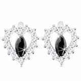 Cercei placați cu rodiu, argint 925, contur transparent &icirc;n formă de inimă, zirconiu negru &icirc;n formă de bob