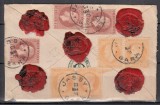 ROMANIA 1872 LP 38 e LP 38 g CAROL I EMISIUNEA PARIS 3 TIMBRE 15 BANI BRUN ROSCAT+DOUA PERECHI 25 BANI PORTOCALIU/FATA PLIC STAMPILA IASSY GARA 1875