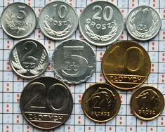 set 10 monede Polonia 1 2 5, 10, 20 grosz 1, 2, 5, 10, 20 Zloti 1972-2007 UNC 26 foto