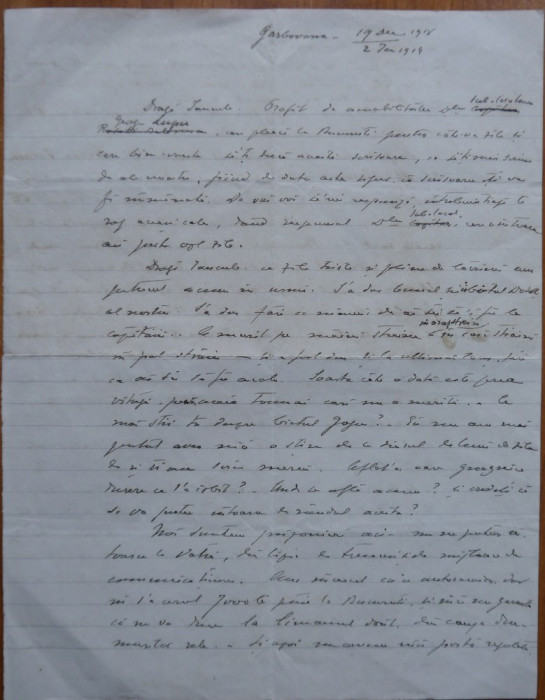 Scrisoare din 1919 a unui membru al familiei Lahovari