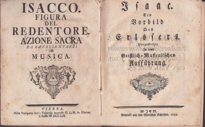1178SPN Libelul din anul 1759 al oratoriului Isacco figura del redentore/Isaak, ein Vorbild des Erl&ouml;sers de Pietro Metastasio