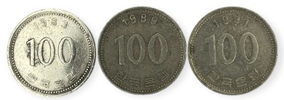 Coreea de Sud , lot 4 - 3 buc x 100 Won 1983 , 1989 , 1991 foto