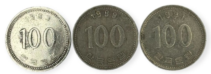 Coreea de Sud , lot 4 - 3 buc x 100 Won 1983 , 1989 , 1991