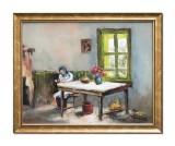 Cumpara ieftin Tablou odaie casa taraneasca pictat manual inramat, 55x45cm ulei pe panza, rama din lemn, Geo Ungureanu