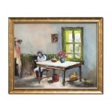 Tablou odaie casa taraneasca pictat manual inramat, 55x45cm ulei pe panza, rama din lemn, Geo Ungureanu