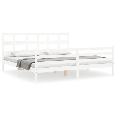 Cadru de pat cu tablie Super King Size, alb, lemn masiv foto