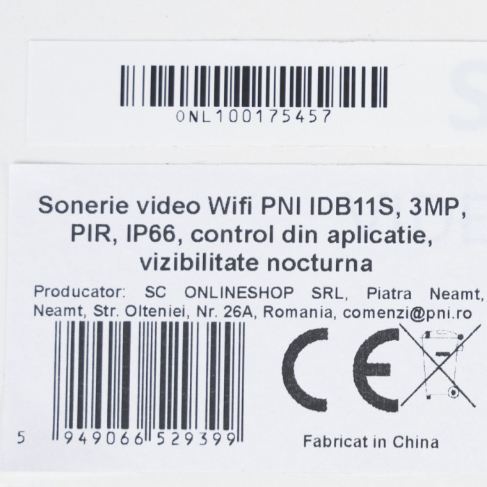 Sonerie video Wifi PNI IDB11S 3MP PIR IP66 control din aplicatie, vizibilitate nocturna