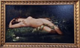 Cumpara ieftin &quot;Nimfă dormind&quot;, pictură veche pe p&acirc;nză, şcoală rom&acirc;nească, foarte mare, cu ramă de colecţie, Nud, Ulei, Art Deco