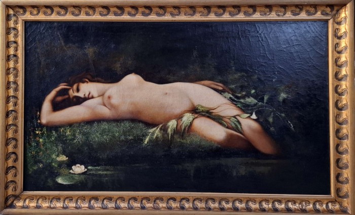&quot;Nimfă dormind&quot;, pictură veche pe p&acirc;nză, şcoală rom&acirc;nească, foarte mare, cu ramă de colecţie