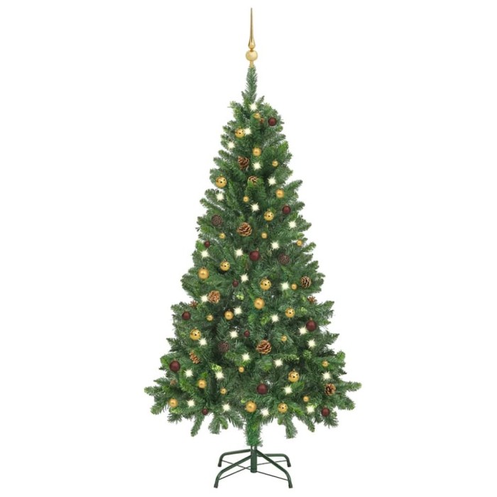 Brad Crăciun pre-iluminat artificial set globuri, verde, 150 cm