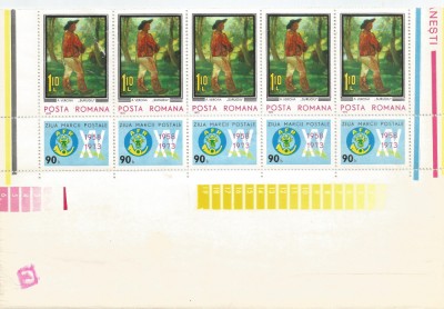 Romania, LP 834/1973, Ziua marcii postale romanesti, straif de 5 timbre, MNH foto