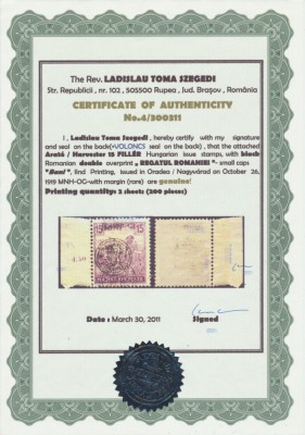 Oradea 1919 eroare seceratori 15 Bani sursarj dublu atest Szegedi &amp;amp; Voloncs MNH foto