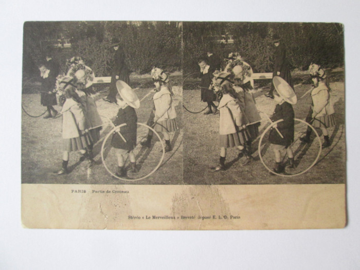 Rară! Carte postala stereoscopică Paris-Jocuri cu cercuri anii 20