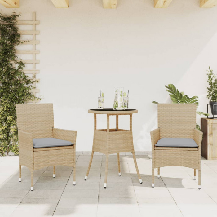 vidaXL Set mobilier de grădină cu perne 3 piese bej poliratan &amp; sticlă