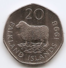 Falklands 20 pence 1998 - Elisabeta a II-a, Cupru-nichel, 21,95 mm, KM-17
