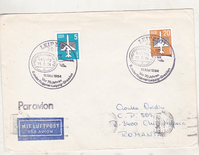 bnk fil Aerofilatelie - Germania RDG - plic stampila ocazionala zbor postal Leipzig-Dresda 1984