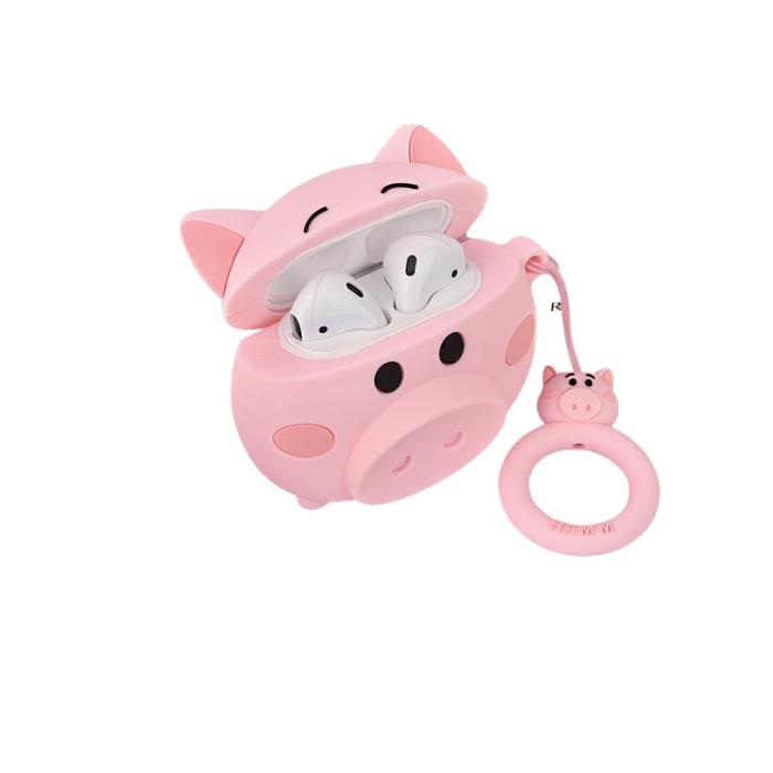 Husa airpods cu inel prindere porc roz