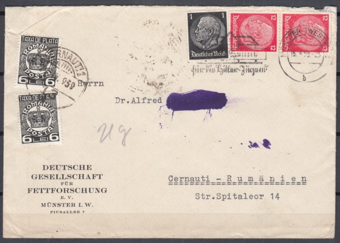 ROMANIA 1932/1938 TAXA DE PLATA COROANA+TIMBRE GERMANE /PLIC CIRCULAT 1939 GERMANIA-CERNAUTI
