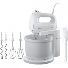 Mixer cu bol Braun HM1070WH, 400 W, 4 viteze + Turbo, Bol 3 L, 2 palete, 2 carlige pentru aluat, spatula, Alb