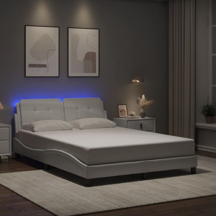 Cadru de pat cu lumini LED, alb, 140x190 cm, piele ecologică