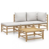Set mobilier de gradina cu perne gri deschis, 4 piese, bambus