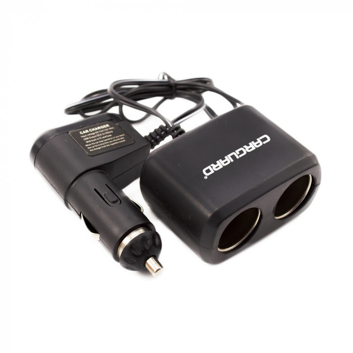 Priză dublă pentru &icirc;ncărcător auto, cu cablu + USB 1A - CARGUARD