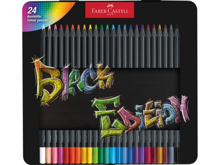 Creioane colorate triunghiulare black edition cutie metal Faber-Castell 24 culori/set