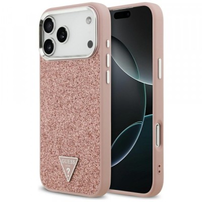 Husa MagSafe pentru Apple iPhone 17 Pro Max, Guess, Glitter Triangle Logo, Roz foto