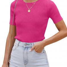 Tricou pentru femei cu mânecă scurtă Crewneck tricotat cu costii Slim Fit 2023 V