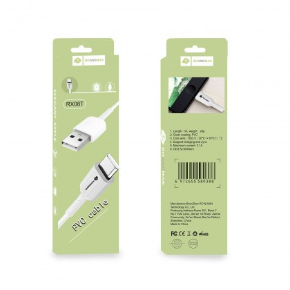 Cablu de date RO&amp;MAN RX08T, USB la Type-C, 2.1A, 1m, alb, Blister